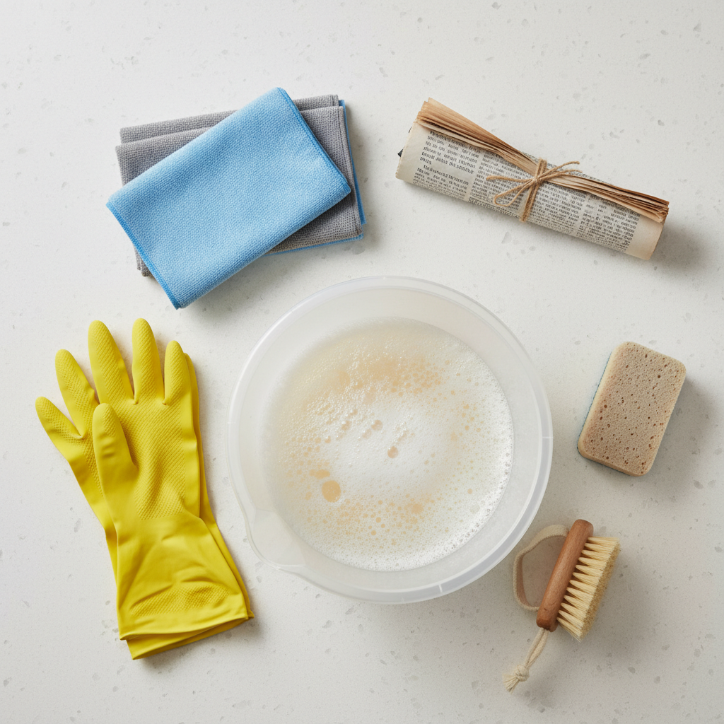 A meticulously arranged flat lay photograph displaying essential cleaning tools and materials on a clean, light-colored kitchen counter. The composition includes a pair of sturdy yellow rubber gloves, a clear plastic bucket subtly filled with warm water (perhaps with a hint of suds), a stack of folded blue or grey microfiber cloths, a soft-bristled scrubbing brush, and a neutral-colored sponge. A neatly rolled-up old newspaper or a protective sheet is visible in the background. The image should evoke a sense of preparedness and organization for an upcoming cleaning task, emphasizing safety and effectiveness.