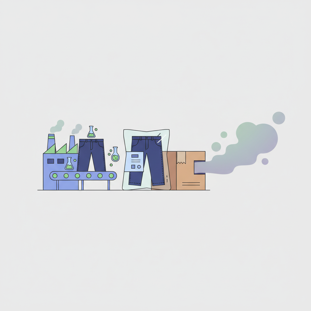 A flat illustration depicting the journey of a pair of dark indigo jeans. On the left, a stylized factory setting with subtle chemical processing symbols (like beakers or spray effects) subtly interacting with the jeans. The jeans then transition towards the right, appearing sealed within a transparent plastic bag or a shipping container. From the jeans, subtle, wavy, greenish-purple fumes are visibly emanating, symbolizing the unpleasant 'new jeans smell.' The overall aesthetic is clean and minimalist, emphasizing the process.