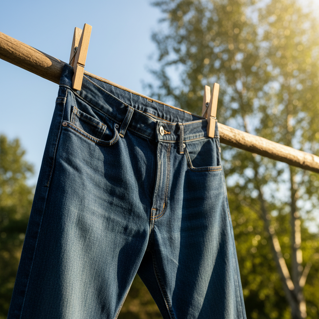 A professional photo capturing a fresh, well-lit scene of a pair of new blue jeans hanging neatly on a wooden clothesline outdoors. The sun is shining brightly, casting warm light on the denim, and a gentle breeze is subtly suggested by soft movement in the fabric. In the background, hints of natural green foliage or a clear blue sky contribute to an overall feeling of freshness and cleanliness, emphasizing the natural aeration process.