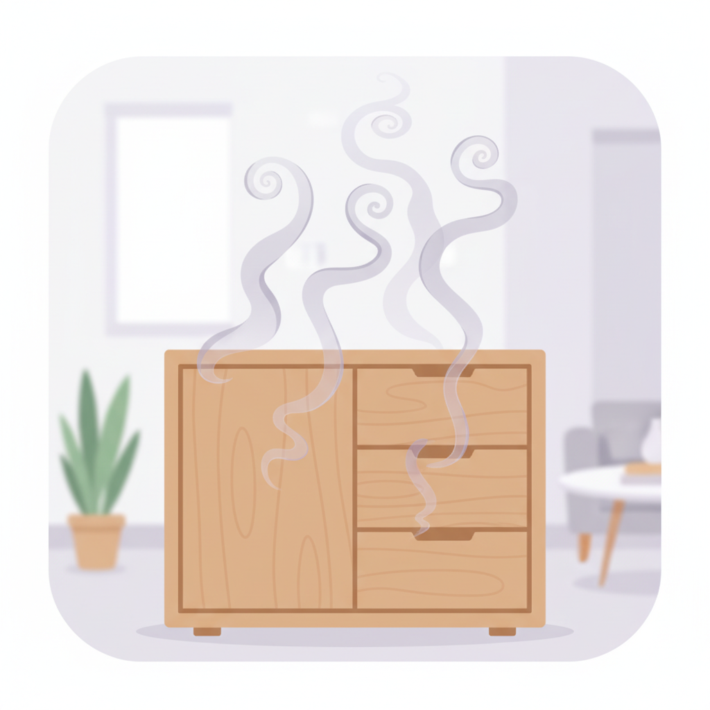 A contemporary, stylish wooden cabinet with clean lines stands prominently in a minimalist living space. From its surface and seams, subtle, transparent, abstract wisps in muted shades of grey and light purple are gently rising and swirling into the air, visually representing volatile organic compounds (VOCs) being emitted. The background is slightly blurred to keep focus on the cabinet and the emanating 'smell'. The overall impression is clean yet hints at an unseen presence. Style: Modern flat illustration with soft shadows and gradients, emphasizing a clean, slightly scientific representation of chemical emissions.