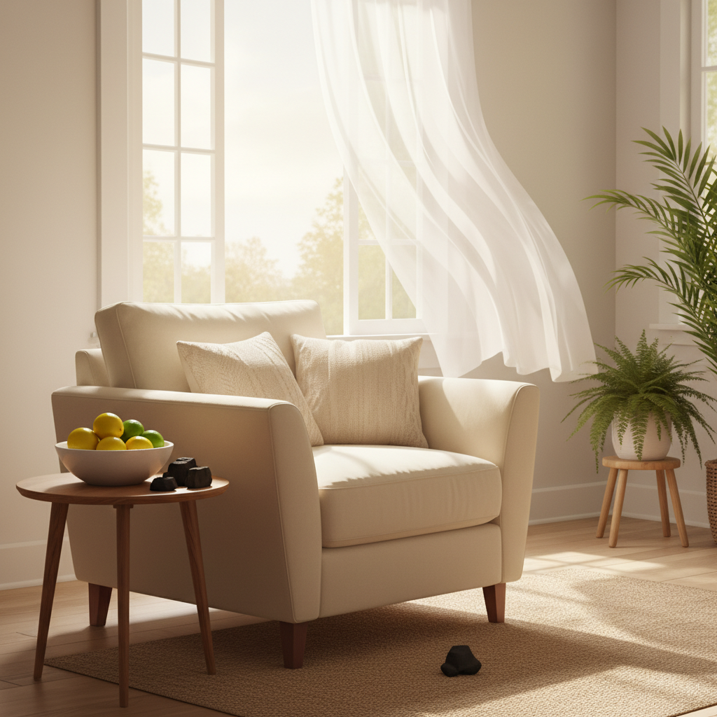 A bright and airy living room bathed in soft natural light, featuring a comfortable, newly acquired upholstered armchair. A large window in the background is slightly open, with a sheer curtain gently billowing inwards, symbolizing fresh air circulation. Nearby on a small side table, a ceramic bowl holds a few citrus fruits and small dark chunks, subtly hinting at natural odor absorbers. The room feels fresh, clean, and inviting, conveying a sense of well-being and a successfully neutralized environment. Style: Inviting digital painting with warm tones and a focus on soft light and refreshing atmosphere.