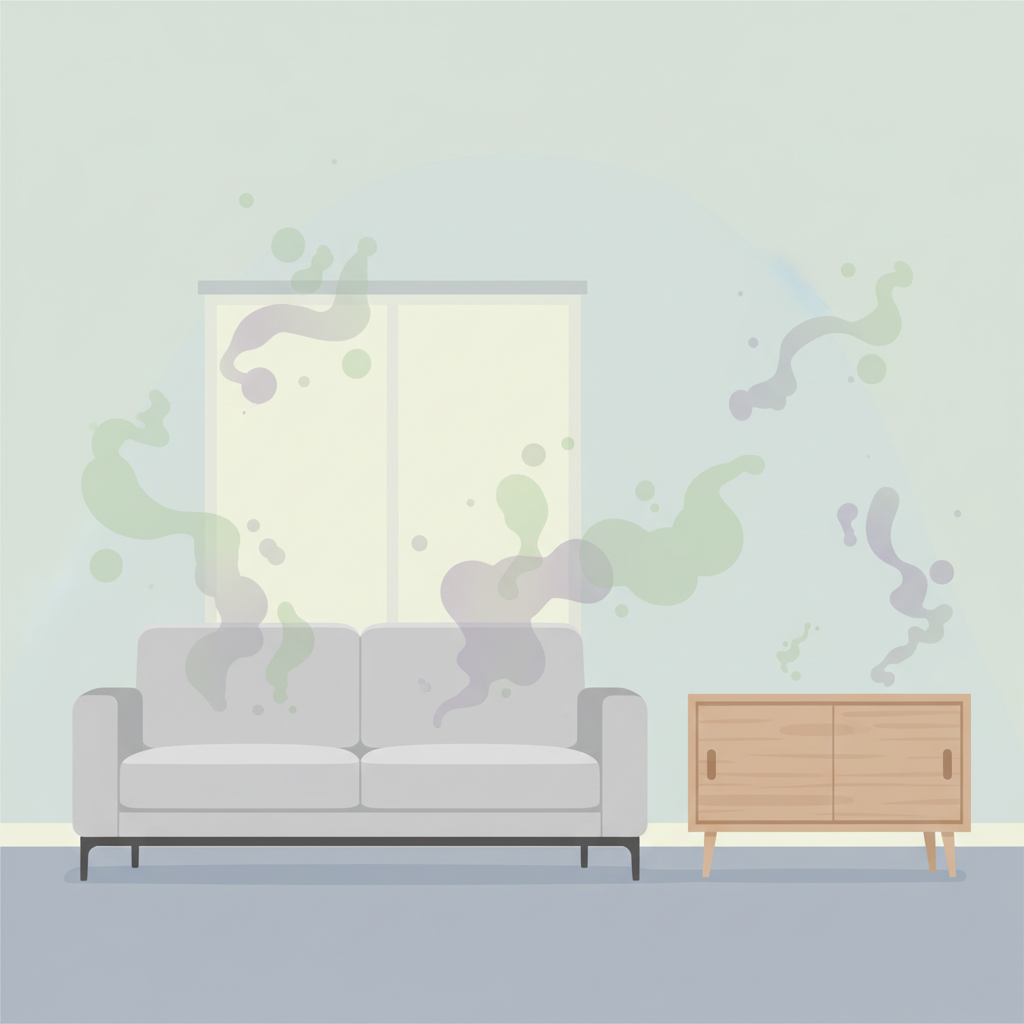 A clean, modern flat illustration depicting a newly furnished living room. A stylish new grey sofa and a wooden cabinet sit prominently. From both pieces of furniture, subtle, abstract, wavy green or purple 'vapor' or 'molecule' shapes are visibly emanating and swirling slightly in the air, representing VOCs and the new furniture smell. The room itself is neat but appears slightly stagnant or filled with a subtle, visually unsettling haze, conveying the unwanted presence. The focus is on the invisible emissions from new items affecting the indoor environment.