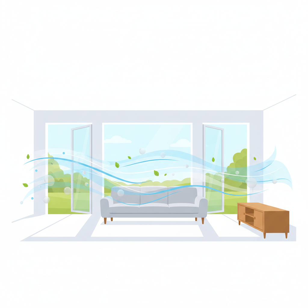 A bright and airy flat illustration showing a well-ventilated room with new furniture. The same or similar new grey sofa and wooden cabinet are present. Large windows and a door are wide open, with clear, fresh air represented by gentle blue or white swooping lines, light rays, and perhaps a few small stylized green leaves, visibly flowing through the room. The 'vapor' or 'molecule' shapes from the furniture are now significantly reduced, being swept out towards the open windows, illustrating the process of active ventilation removing odors and VOCs. The overall mood is fresh, clean, and optimistic.