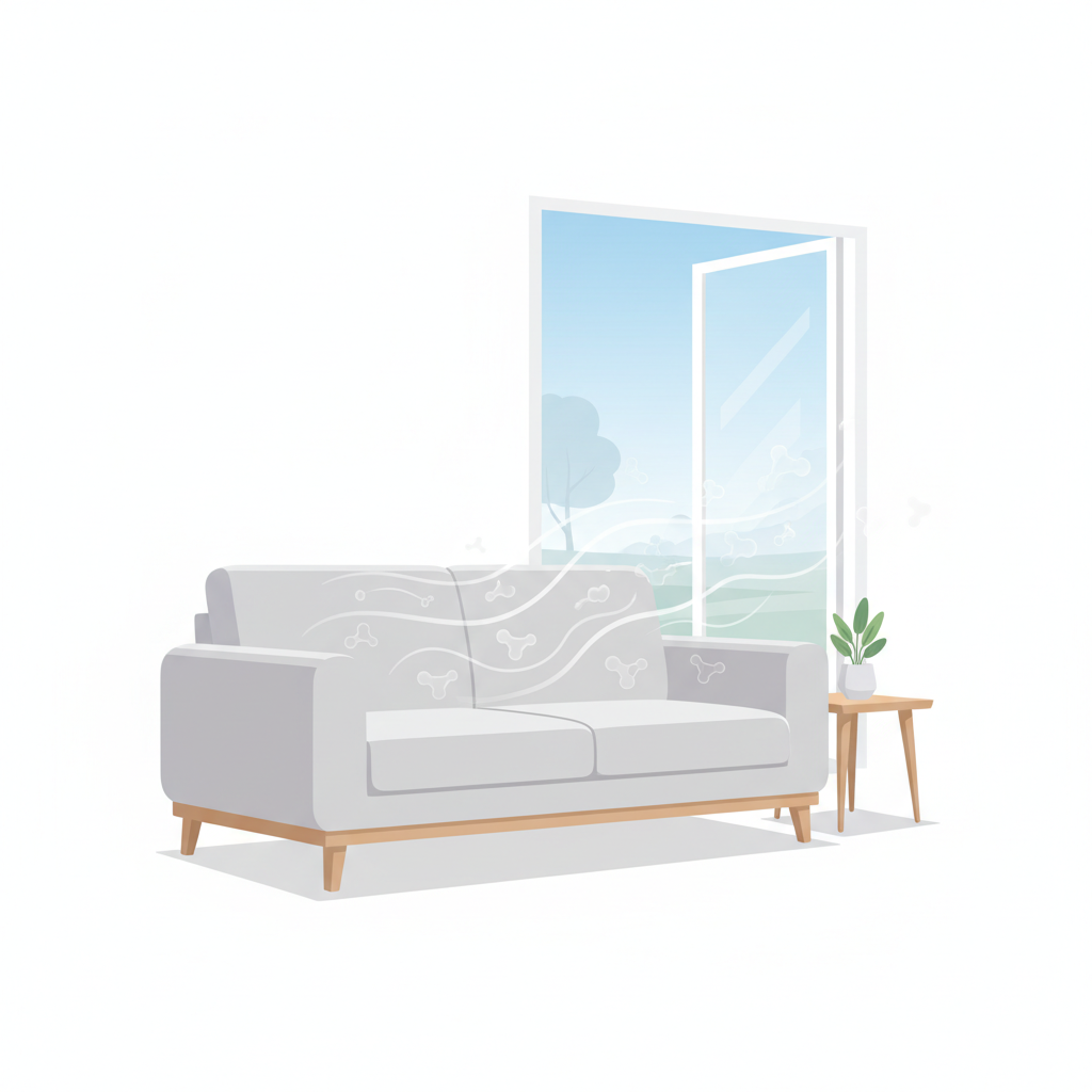 A modern, minimalist flat illustration depicting a sleek, newly upholstered sofa in a clean living room. Subtle, light grey, wavy lines and small, generic molecular shapes emanate from the sofa's cushions and frame, floating upwards and drifting towards a wide-open window in the background. The scene visually represents VOCs and the characteristic 'new furniture smell' escaping the room through ventilation. The overall style should be clean, bright, and infographic-like, conveying the invisible nature of the odors and the process of airing out.