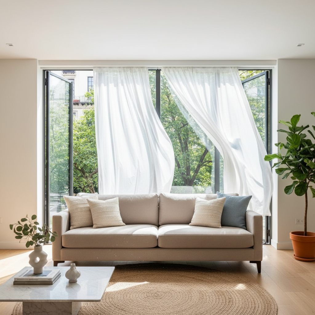 A professional photo style image of a bright, contemporary living room bathed in abundant natural light. A chic, newly upholstered sofa in a neutral color (e.g., light grey or beige) is positioned in the center. Large windows on an adjacent wall are wide open, with sheer, lightweight curtains gently billowing inwards, indicating a refreshing breeze. The room appears airy, fresh, and inviting, emphasizing effective natural ventilation and a sense of cleanliness.