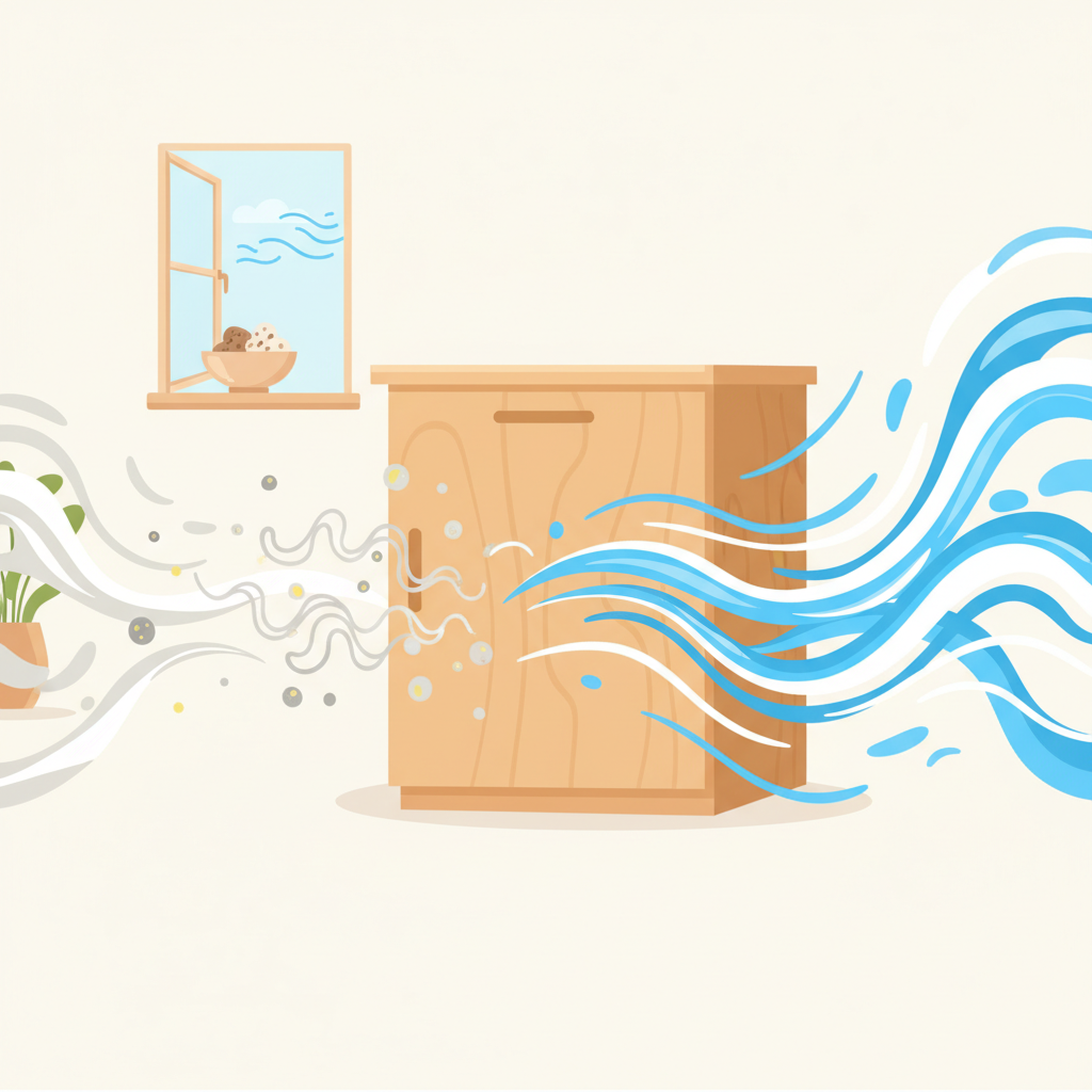 A refreshing flat illustration depicting a new wooden cabinet surrounded by an active process of air purification. On one side, faint, lingering grey or slightly discolored air particles are shown dissipating from the cabinet. On the other side, vibrant, clean blue and white wavy lines or abstract air currents are actively circulating into and around the cabinet, suggesting ventilation and deodorization. An open window in the background or a subtle stylized bowl representing natural absorbers could hint at the methods. The style should be bright, clean, and optimistic, conveying freshness and renewal.
