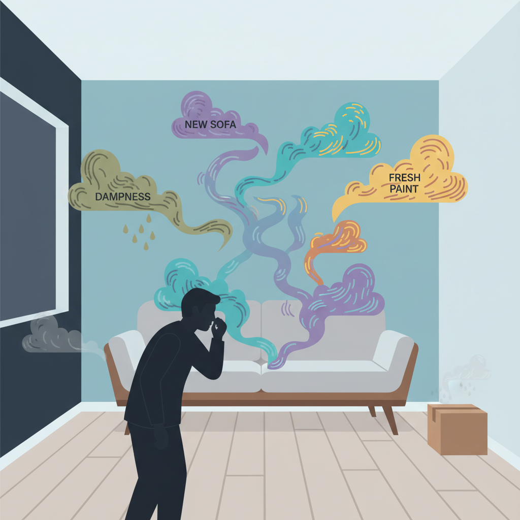 A flat illustration depicting a stylized, slightly uncomfortable-looking new apartment interior. Wavy, colored 'smell' clouds visibly emanate from various sources: a newly assembled sofa, a freshly painted wall, and a subtle, greenish cloud suggesting dampness from a shadowed corner. A silhouetted figure stands in the foreground, subtly wrinkling their nose or looking slightly overwhelmed by the collective odors. The illustration should convey the initial unpleasantness of a new apartment's scent profile.