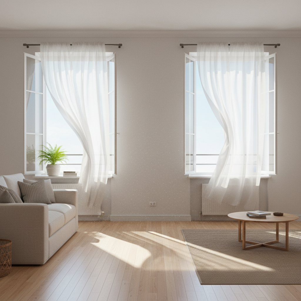 A bright, airy professional photo of an apartment interior bathed in natural light. Large windows are thrown wide open on opposing walls, creating a strong visual sense of cross-ventilation. Curtains billow gently from the incoming breeze, and soft sunlight streams across the clean floor. The room appears fresh, inviting, and spacious, symbolizing effective odor neutralization through ventilation. A small, vibrant green potted plant sits on a windowsill, enhancing the feeling of purity and nature.