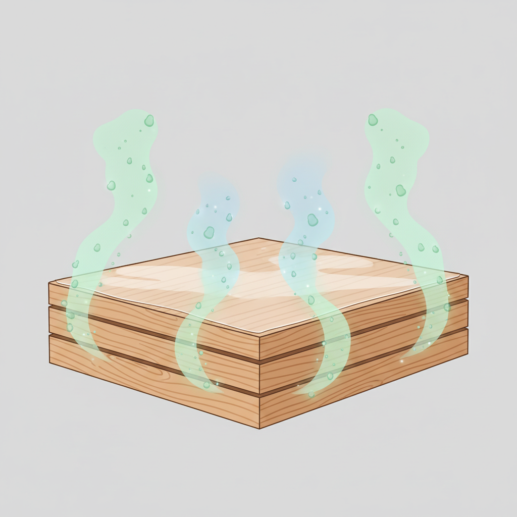 A detailed, clean infographic-style illustration of a cross-section of new wooden furniture, such as a layered wood panel or a lacquered surface. Tiny, translucent, wave-like particles or gas clouds subtly emanate from the wood grain and especially from the lacquered top layer and adhesive seams between wood pieces. The particles represent VOCs, creating a sense of invisible chemicals being released into the air. Use natural wood textures and tones, with a contrasting, slightly luminous color for the escaping VOCs to highlight their presence. The overall mood is informative and slightly scientific, without being alarming.