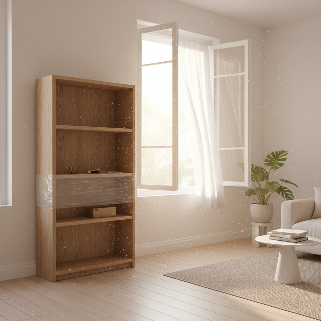A professional photo depicting a bright, airy living room. A freshly delivered, modern wooden dresser or bookshelf is prominently featured. A large window is wide open, with sheer curtains gently billowing inwards from a soft breeze. Sunlight streams through the window, illuminating dust motes in the air, symbolizing fresh air circulation. The room is tidy and inviting, emphasizing a healthy, refreshed atmosphere. The focus is on the act of ventilating a space with new furniture to remove lingering odors, conveying freshness and cleanliness.