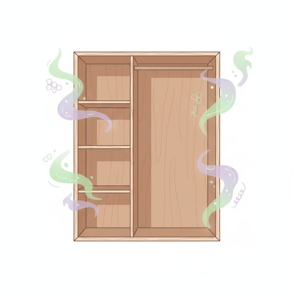 A vibrant flat illustration depicting the interior of a new, empty wooden wardrobe. Subtle, ethereal green or purple cloud-like wisps, symbolizing VOCs, are shown emanating from the surfaces of the particleboard or MDF panels, particularly from cut edges or internal joints. Abstract, non-textual graphic elements, like small, simplified chemical bond shapes or swirling lines, hint at the chemical nature of the smell. The overall atmosphere should be slightly muted to convey the unpleasantness, but clean and modern in style, suitable for a blog.