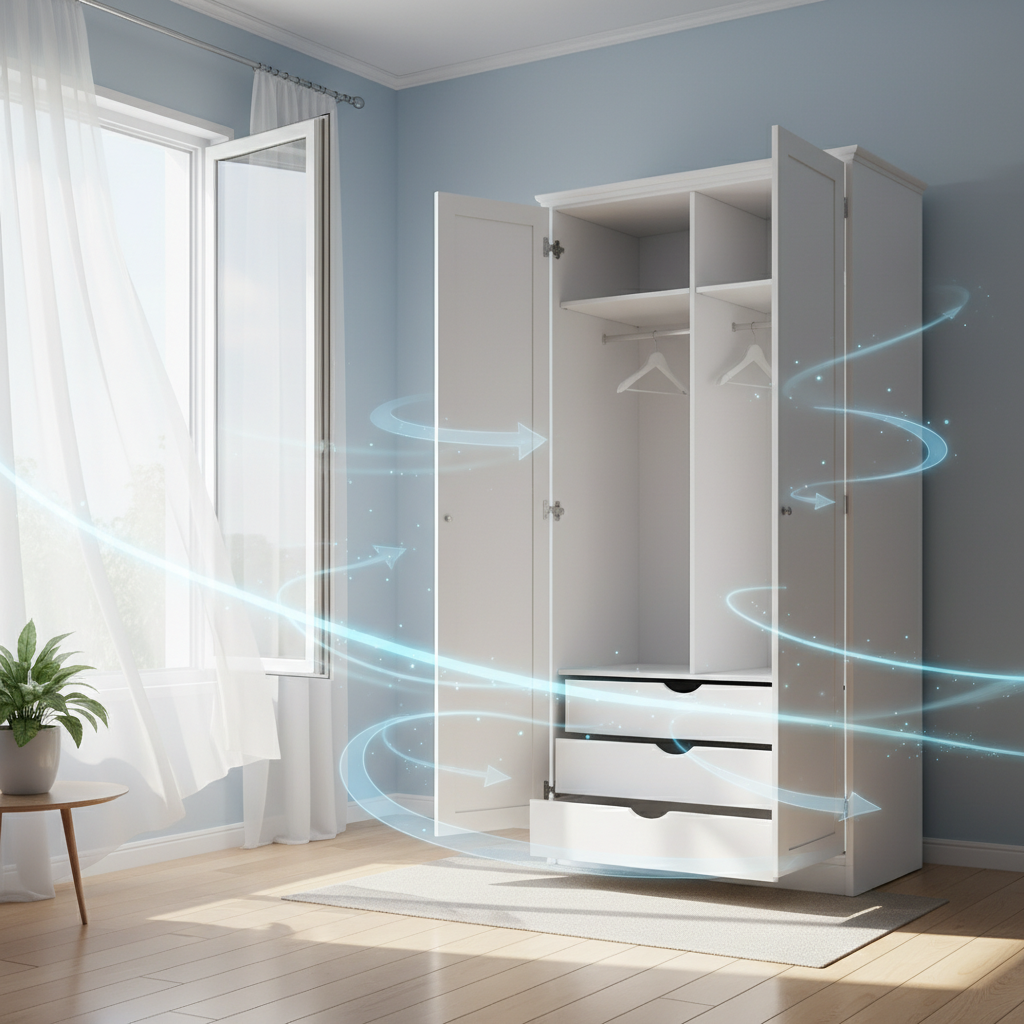 A professional, bright photo-realistic illustration showcasing an effective immediate measure for removing new wardrobe smell. The scene features a modern, empty wardrobe with all its doors and drawers wide open. It is positioned in a well-lit room with a large window also open, indicating active ventilation. A gentle, visual representation of fresh air currents, perhaps subtle translucent blue arrows or light lines, flows from the window, through the room, and into/around the open wardrobe, suggesting excellent air circulation. The overall mood is fresh, clean, and optimistic.
