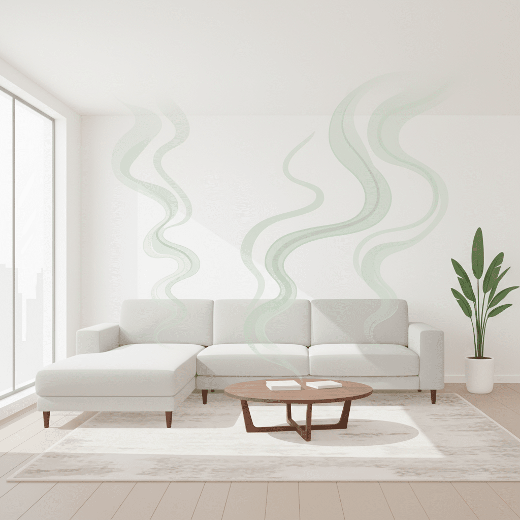 A modern, minimalist living room with a newly delivered, stylish sofa and coffee table. Subtle, swirling transparent or colored gas-like wisps (representing VOCs) emanate from the furniture, creating a slightly hazy or unwelcoming atmosphere in the room. The gas wisps should be abstractly stylized, perhaps as light green or grey plumes. The overall feeling should be a clear visual contrast between the attractive new furniture and the unseen, problematic chemical emissions. Flat illustration with a clean, professional color palette and clear visual separation.