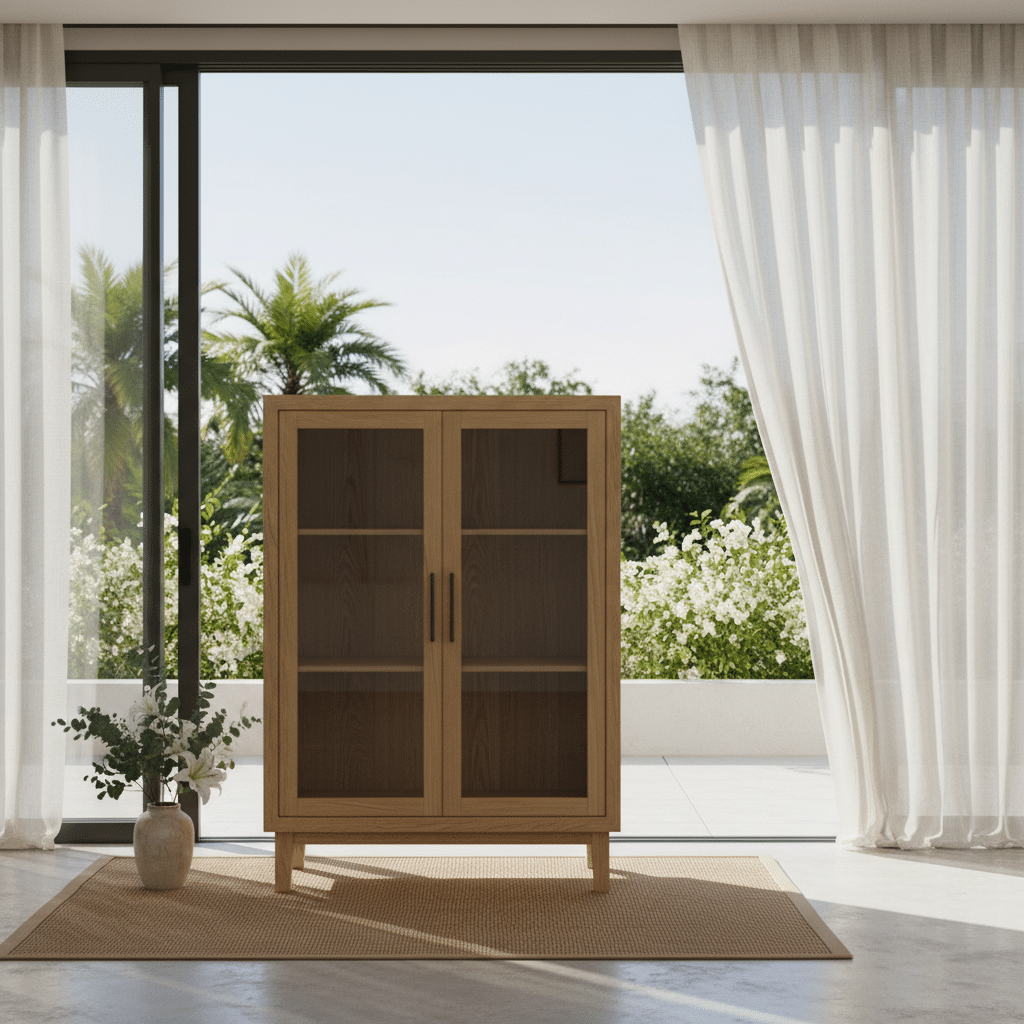 A bright and airy balcony or terrace scene featuring a brand new, unpacked wooden cabinet or upholstered chair. Large windows or sliding doors are wide open in the background, revealing an inviting outdoor view. Sunlight streams onto the furniture, casting gentle shadows, and a subtle visual cue for gentle breezes, like slightly moving translucent curtains or distant rustling leaves, suggests fresh air circulation. The scene should convey a strong sense of openness, natural purification, and a refreshing environment for the furniture. Professional photo, bright and natural lighting, with a clean and serene aesthetic.