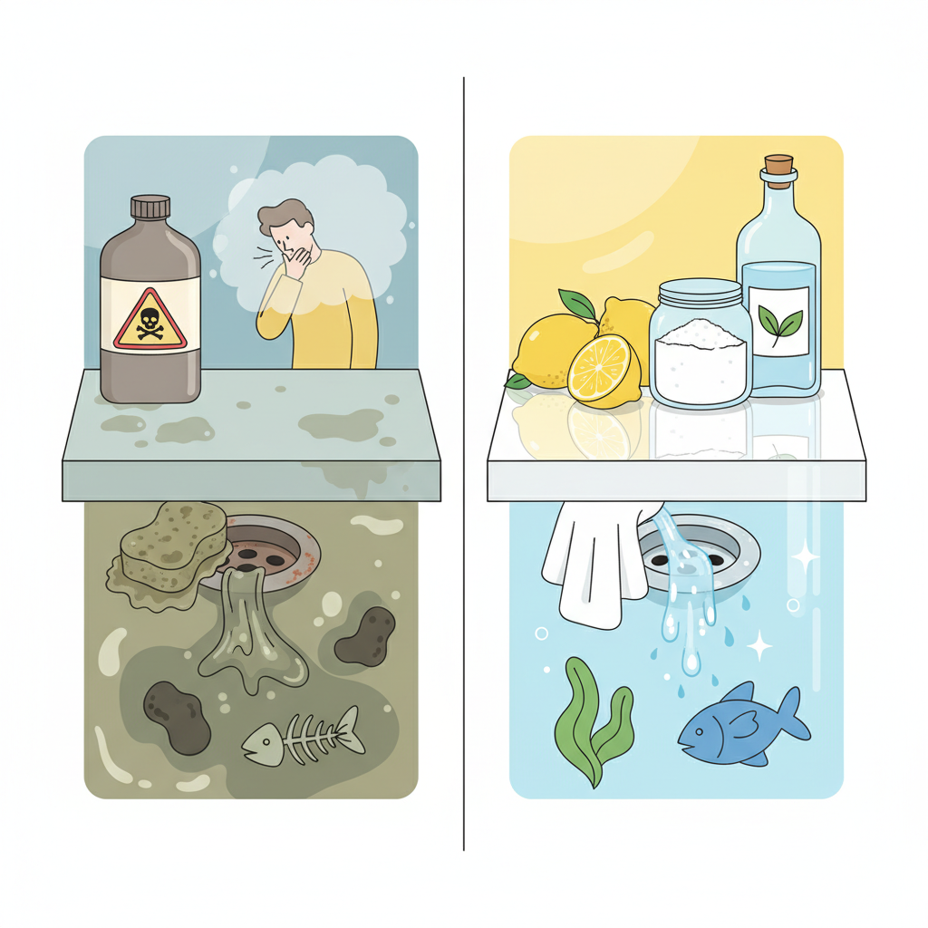 A split-screen, infographic-style illustration contrasting two cleaning scenarios. On the left side, depict a cluttered, chemical-laden scene: a generic bottle with a warning symbol, murky water flowing into a drain that leads to polluted abstract water, and a person coughing slightly in a faint cloud of fumes. The overall mood on this side is dull and slightly unhealthy. On the right side, show a vibrant, natural cleaning scene: fresh lemons, a clear bottle of vinegar, baking soda in a jar, and sparkling clean surfaces. A small, stylized leaf icon represents nature, and the water flowing into the drain is clear, leading to a healthy, stylized plant or fish in abstract water. The color palette on the right is bright and inviting.