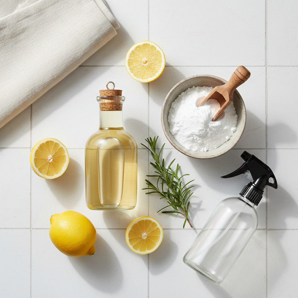 A beautifully composed flat lay professional photo showcasing a collection of natural cleaning ingredients and tools. Arrange items neatly on a clean, light surface, perhaps a wooden countertop or a white tile background. Feature a clear bottle of vinegar, a bowl or jar of white baking soda, several fresh lemons or lemon halves, and a small sprig of an herb like rosemary for freshness. Include a simple, eco-friendly cleaning cloth (e.g., linen or cotton) and a generic glass spray bottle, ready for use. The lighting should be soft and natural, emphasizing the purity and simplicity of the items.