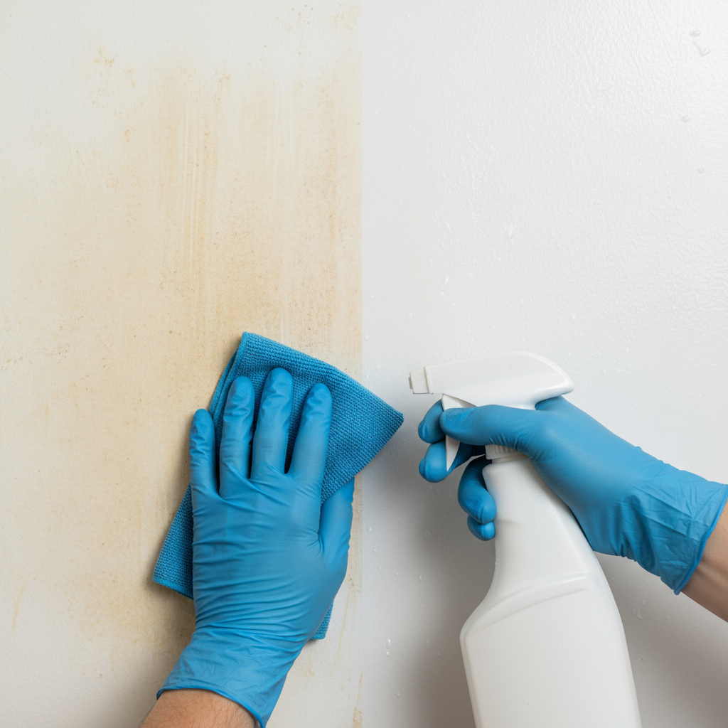 A professional, high-quality photograph showcasing a 'before and after' effect on a household surface. On the left side, a close-up of a section of a yellowish, nicotine-stained white wall or wooden furniture, showing clear discoloration and grime build-up. On the right side, the identical section of the surface is pristine white and clean, with a fresh, subtle sheen. A gloved hand, holding a generic cleaning spray bottle and a clean microfiber cloth, is positioned centrally, bridging the two sides, implying the cleaning action that led to the transformation. Excellent lighting emphasizes the contrast.