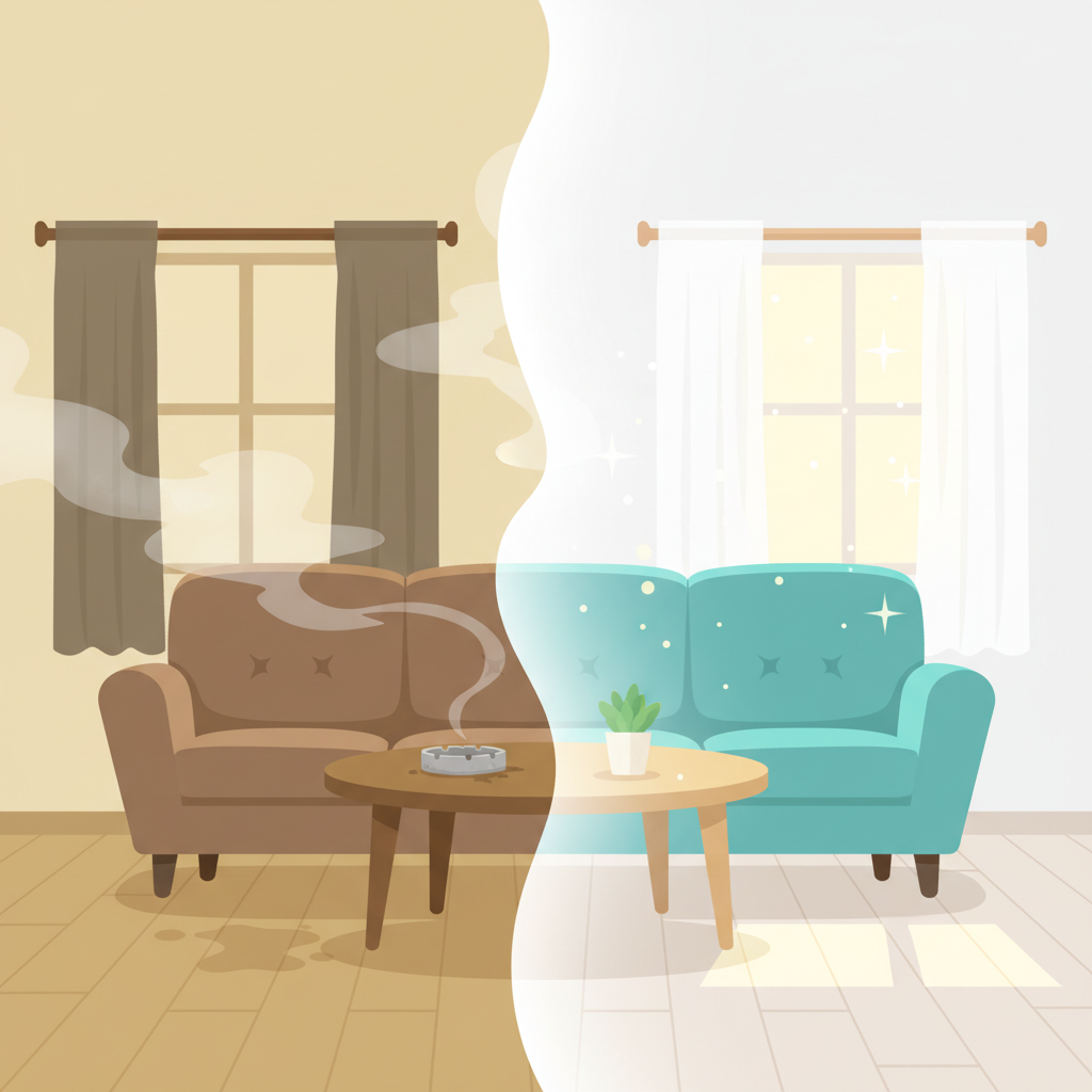 A vibrant, clean flat illustration depicting a room undergoing a complete transformation from a smoky, stale environment to a fresh, airy one. The left half of the room features yellowish-tinted walls, dull furniture, and subtle, swirling grey haze implying stale smoke and odor. The right half shows crisp, clean white walls, bright, vibrant furniture, and clear, sparkling air, with bright sunlight streaming in from an unseen window. The transition in the middle is smooth, symbolizing effective cleaning and renewal, conveying a strong sense of freshness and cleanliness.