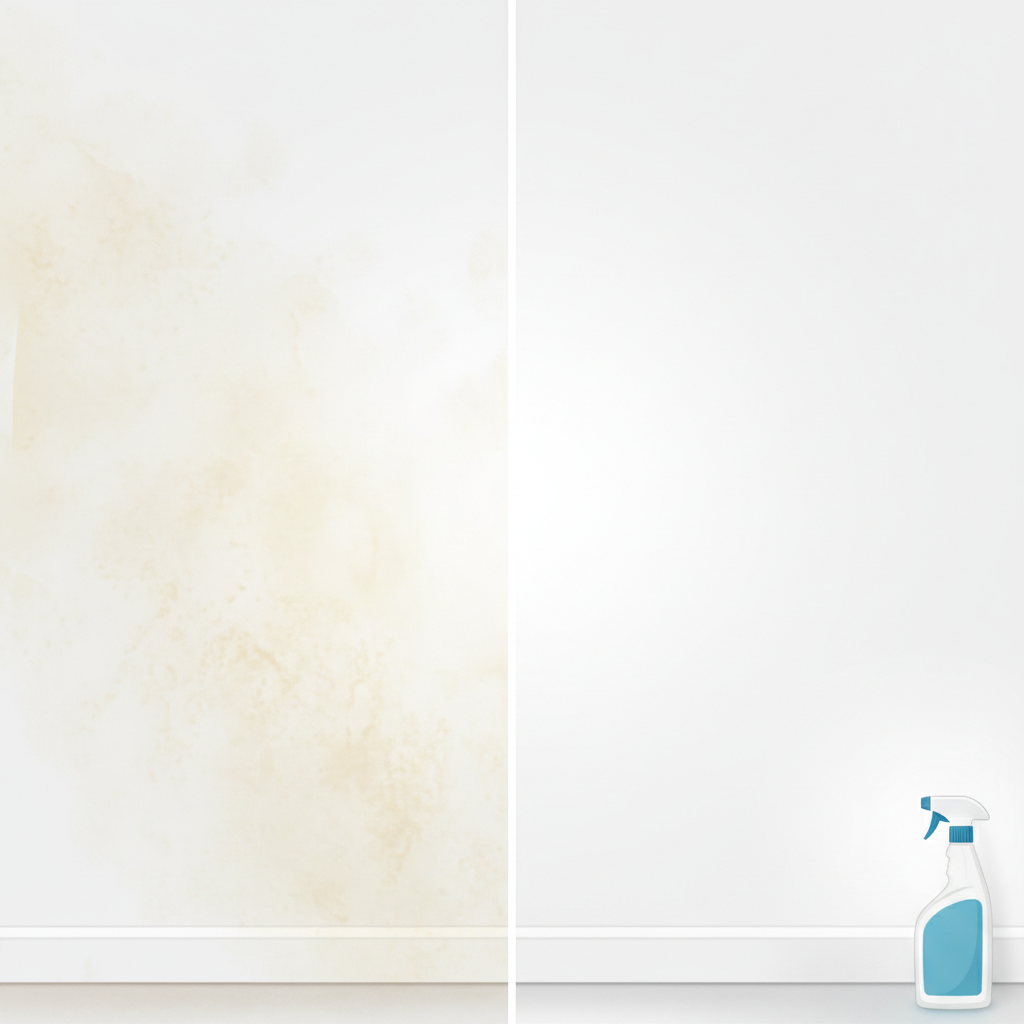 Imagine a vertical split-screen image. On the left, a section of a white wall is visibly discolored with widespread, subtle yellow-brown nicotine stains, appearing dull and unhealthy, possibly with a faint, smoky haze. On the right, the same section of the wall is pristine white, bright, and clean, reflecting light, with a sense of freshness. A generic cleaning spray bottle is subtly visible near the clean side, implying the solution. This professional photo illustration should have a clean, high-contrast aesthetic.