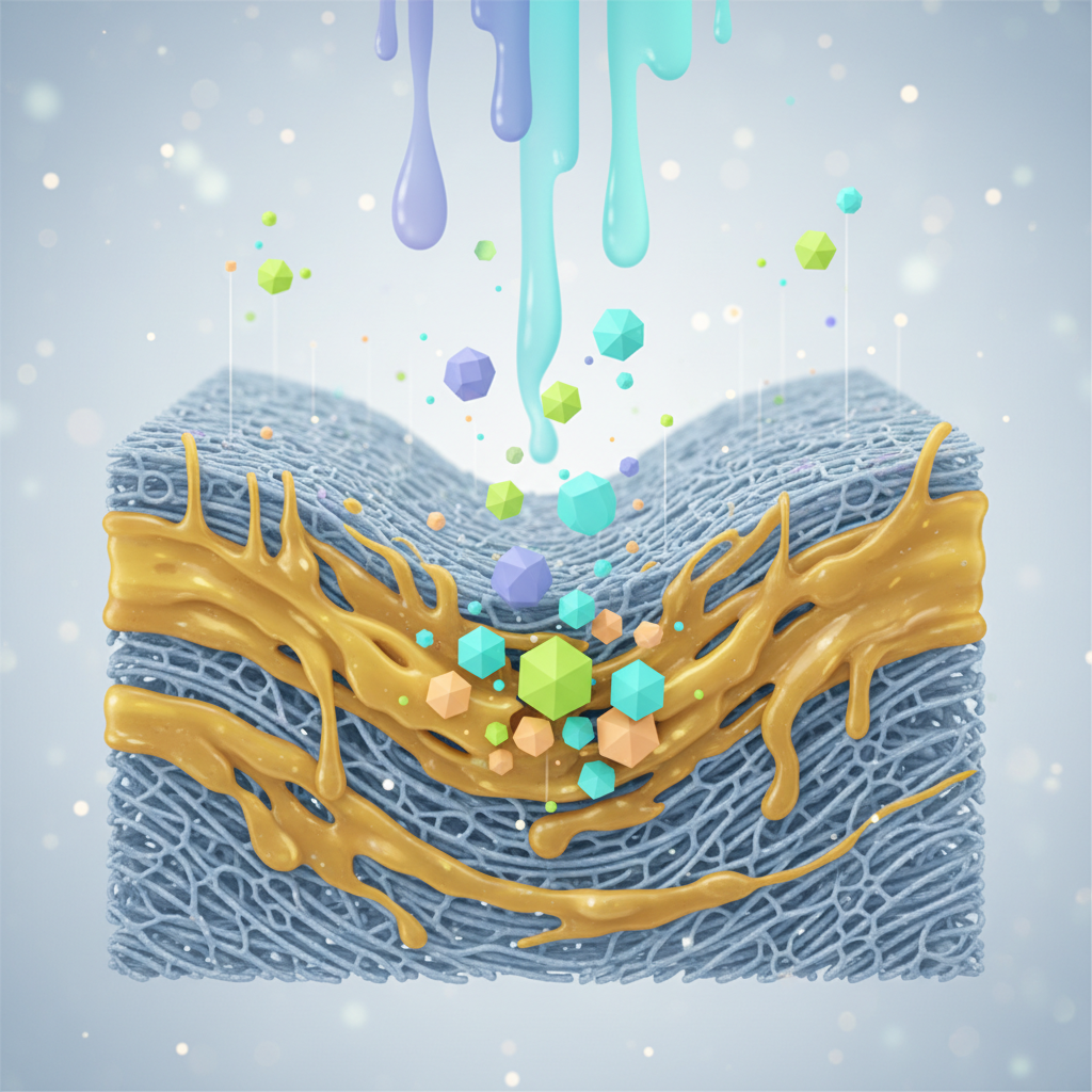 A stylized, close-up cross-section of a porous surface, like a wall or fabric, embedded with visible layers of sticky, yellow-brown nicotine residue. From above, abstract, colorful droplets or symbolic particles representing the cleaning solution are actively penetrating the nicotine layer. Smaller, geometric shapes (symbolizing surfactants/solvents) are shown breaking apart the yellow nicotine particles, lifting them away from the surface structure. The background implies a microscopic view. This should be a clean, modern infographic style illustration with soft scientific realism, using a cool color palette for the cleaner and warm tones for the nicotine.