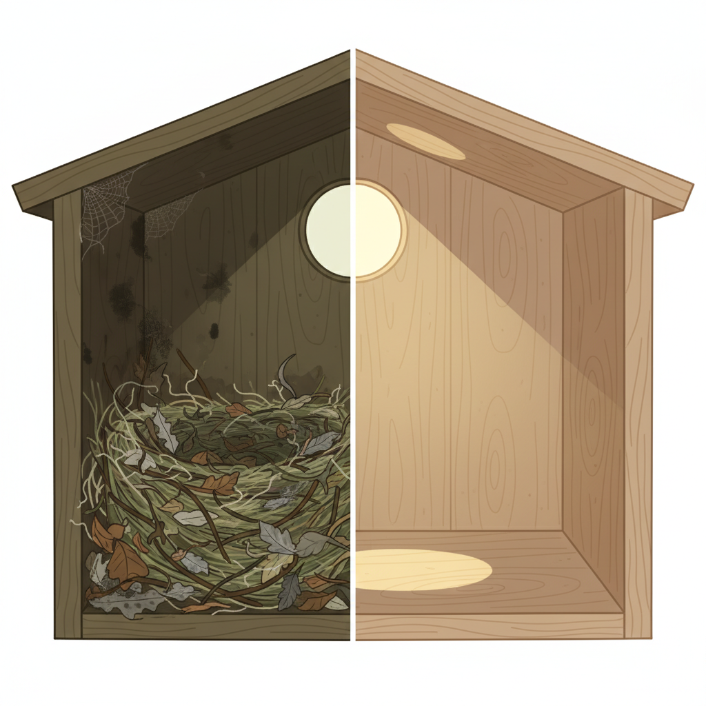 A visually striking split illustration contrasting two birdhouse interiors. The left side shows a dusty, cluttered birdhouse interior filled with old nesting material, dry leaves, and faint shadowy shapes hinting at unseen parasites or mold. The atmosphere is dim and uninviting. The right side depicts the same birdhouse interior, but sparkling clean and empty, with smooth wooden walls, a small patch of bright sunlight entering the entrance hole, conveying freshness and readiness. Use a clean, flat illustration style with a natural color palette, emphasizing the visual difference between neglected and well-maintained.