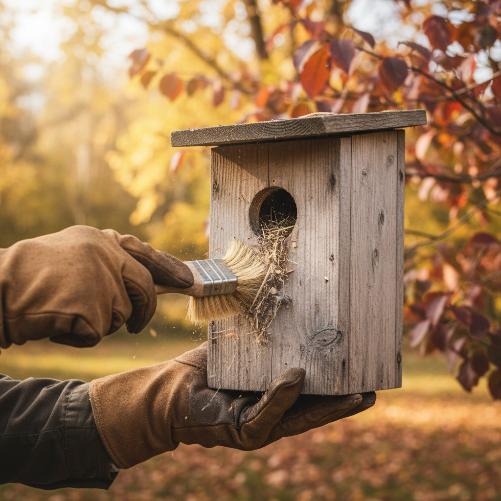 A professional, close-up photograph capturing the act of cleaning a wooden birdhouse outdoors in an autumnal setting. A pair of gloved hands (gardening gloves) gently brush out the interior of the birdhouse with a soft brush, removing a small amount of old nesting material. The background is softly blurred, showing warm autumn foliage – yellow, orange, and red leaves on trees, with diffuse sunlight. The birdhouse itself is natural wood, highlighting the care being taken. The overall mood should be calm and purposeful, emphasizing the ideal time for maintenance.