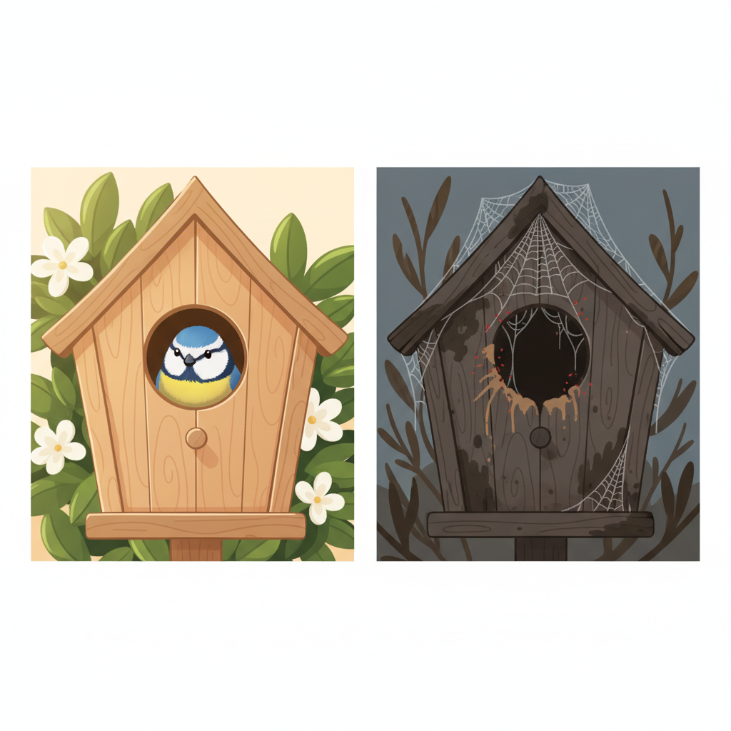 A vibrant, split-panel illustration comparing two birdhouses. On the left, a clean, well-maintained wooden birdhouse with a small, healthy blue tit peeking out from the entrance hole, surrounded by fresh green leaves, evoking warmth and safety. On the right, a grimy, cobweb-covered birdhouse, showing signs of neglect, with subtle, abstract representations of tiny red mites or brown dirt stains near the entrance, suggesting unhygienic conditions. The overall style should be clean, friendly digital art with clear contrasts.