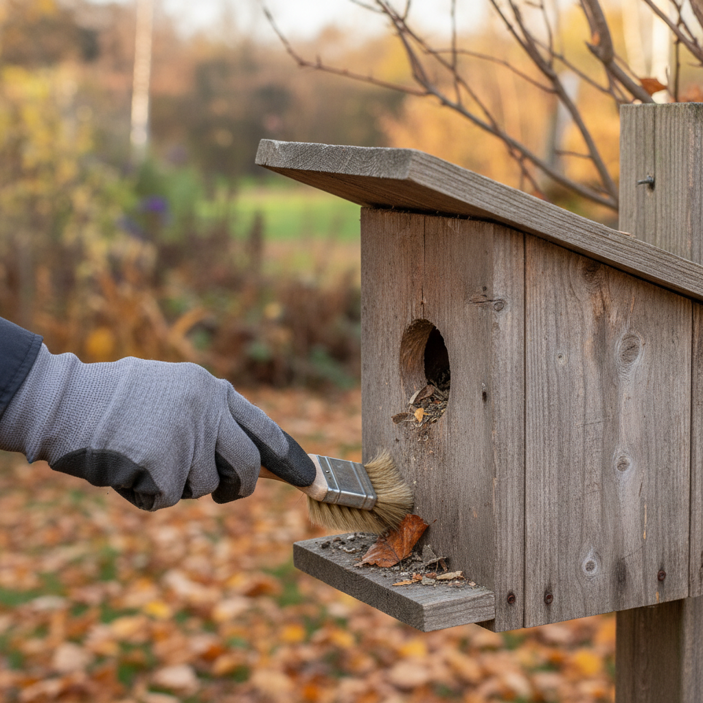 A professional photo capturing a moment of care and seasonality. A gloved hand, holding a small brush, is gently cleaning the interior of an open wooden birdhouse. The background is softly blurred but hints at an autumnal garden setting, with fallen golden leaves on the ground and muted colors, suggesting the ideal cleaning time. The birdhouse itself is rustic and well-used but now being meticulously tended to, emphasizing the post-breeding season maintenance.