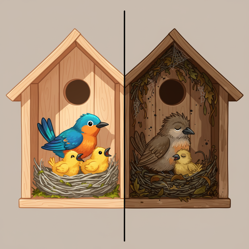 A vibrant, detailed flat illustration depicting a split-screen comparison of a birdhouse interior. On the left, a meticulously clean birdhouse, its wooden surfaces smooth and clear. A healthy, bright-feathered mother bird sits contentedly inside with two plump, alert chicks, symbolizing well-being. On the right, the interior of a neglected birdhouse, filled with old, compacted nesting material and a few subtle, almost microscopic dark spots representing potential parasites. The overall impression should clearly convey the difference between a hygienic and an unhygienic environment for nesting birds.