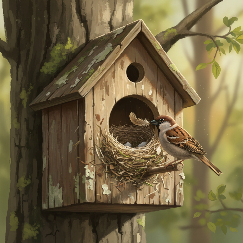 A warm, painterly digital illustration showing a bird's natural interaction with a slightly aged wooden birdhouse. The interior is lined with a comfortable, natural-looking nest, subtly showing layers of old and new material at its base. A small, active bird, perhaps a tit or sparrow, is diligently adding a new twig or feather to the existing nest, symbolizing the natural cycle of building upon previous structures without human intervention. The scene evokes a sense of undisturbed nature and the birds' instinctive process, with soft, ambient lighting filtering into the entrance hole.