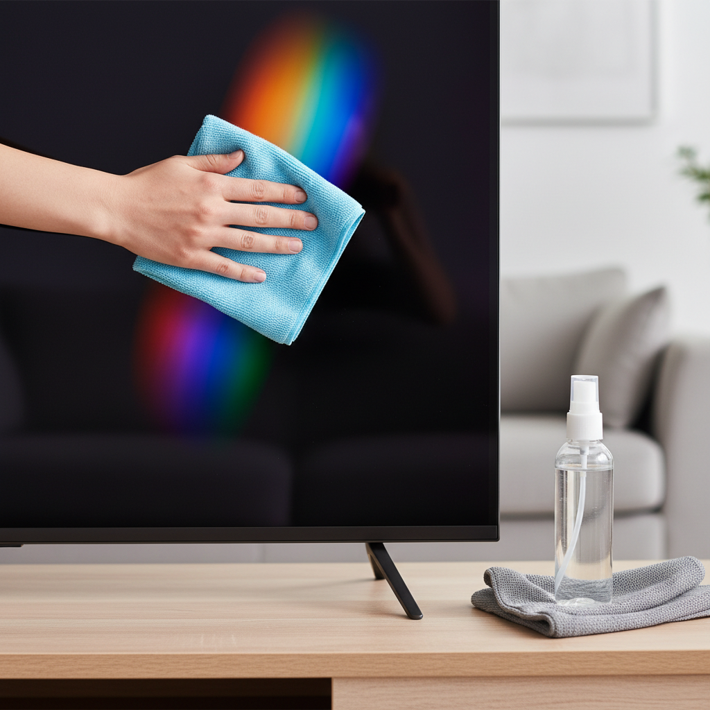 A close-up, top-down shot of a hand, showing gentle technique, wiping a sleek, modern OLED television screen with a clean, soft blue microfiber cloth. The screen subtly reflects a soft, abstract gradient of vibrant colors, hinting at its high picture quality. Neatly arranged next to the screen are a small spray bottle containing a clear, specialized screen cleaning solution and a second, folded clean microfiber cloth. The background is softly blurred, suggesting a clean, contemporary living room environment. The overall style should be a professional, high-key product photograph, emphasizing meticulous care and effective tools.