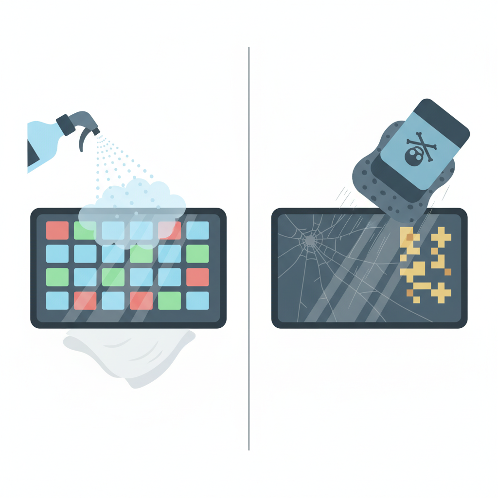 A conceptual flat illustration depicting the extreme sensitivity of an OLED screen and the impact of cleaning methods. On the left side, a stylized, glowing OLED screen appears pristine and vibrant. A gentle, fine mist hovers above it, emanating from an implied sprayer, alongside a soft, feather-like microfiber cloth, symbolizing correct, delicate cleaning. On the right side, the same OLED screen shows subtle, almost microscopic fissures or faint, discolored pixel patterns. A harsh, generic cleaning bottle with an aggressive-looking sponge hovers menacingly nearby, representing incorrect, damaging cleaning. Use a clean, minimalist illustration style with a focus on visual metaphors.
