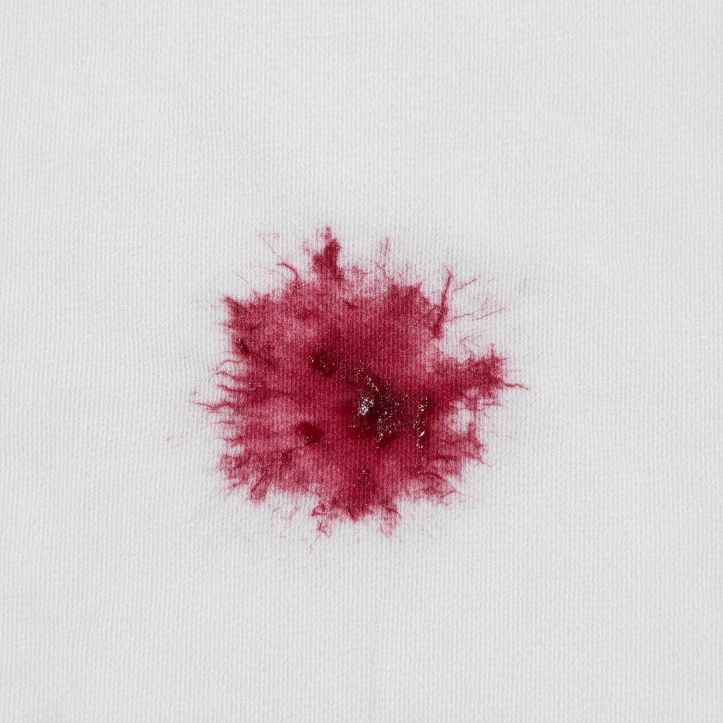 A detailed close-up shot of a white cotton t-shirt fabric, showcasing a deeply embedded, dark red fruit stain, like from berries or cherries. The stain appears slightly faded but visibly fused with the fabric fibers, emphasizing its 'set-in' nature after being washed and dried. The texture of the fabric is clearly visible, with individual threads slightly pulled apart around the stain to illustrate how it has penetrated and become difficult to remove. The lighting is natural and bright, highlighting the stubbornness of the stain against the clean white background. Professional photo style.