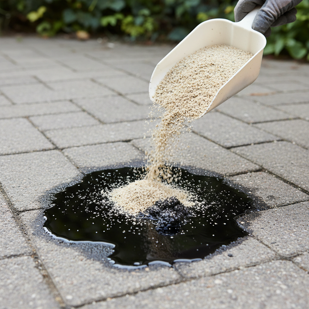 A professional, well-lit photo capturing a close-up of a fresh, dark oil stain spilled on light grey, textured paving stones in an outdoor setting. A human hand, partially visible, is actively sprinkling a light-colored, granular absorbent material, such as cat litter or sawdust, directly onto the center of the liquid oil puddle. The focus is sharp on the action of absorption, with some material already starting to soak up the oil, emphasizing immediate action against spills. The background should be slightly blurred to keep attention on the primary action and the materials.