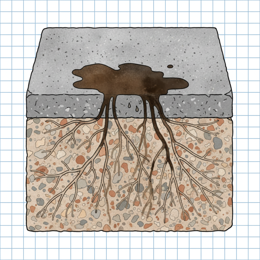 A detailed scientific diagram or infographic-style illustration depicting a cross-section of a paving stone. The top surface of the stone clearly shows a dark, distinct oil stain. Below the surface, the internal structure reveals a complex network of tiny, interconnected pores and channels, rendered in muted earth tones. Dark oil is vividly illustrated permeating deeply into these porous pathways, extending downwards from the surface stain, visually explaining why oil stains are so stubborn and penetrate deeply into the material. The overall impression should be clear and explanatory.