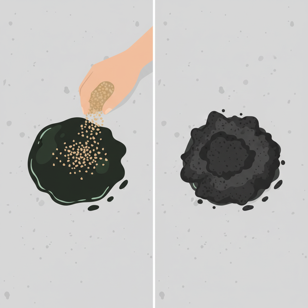 A clear, two-panel flat illustration depicting the initial steps of removing a fresh oil stain from concrete. The left panel shows a dark, wet motor oil stain recently spilled on a light gray concrete slab, slightly spreading. A generic hand is seen sprinkling a granular absorbent material, such as cat litter or sawdust, directly onto the fresh stain. The right panel shows the same concrete area moments later, with the absorbent material now completely covering and soaking up the oil, appearing as a dry, darkened clump ready for removal. The overall style should be clean, informative, and visually distinct for each stage.