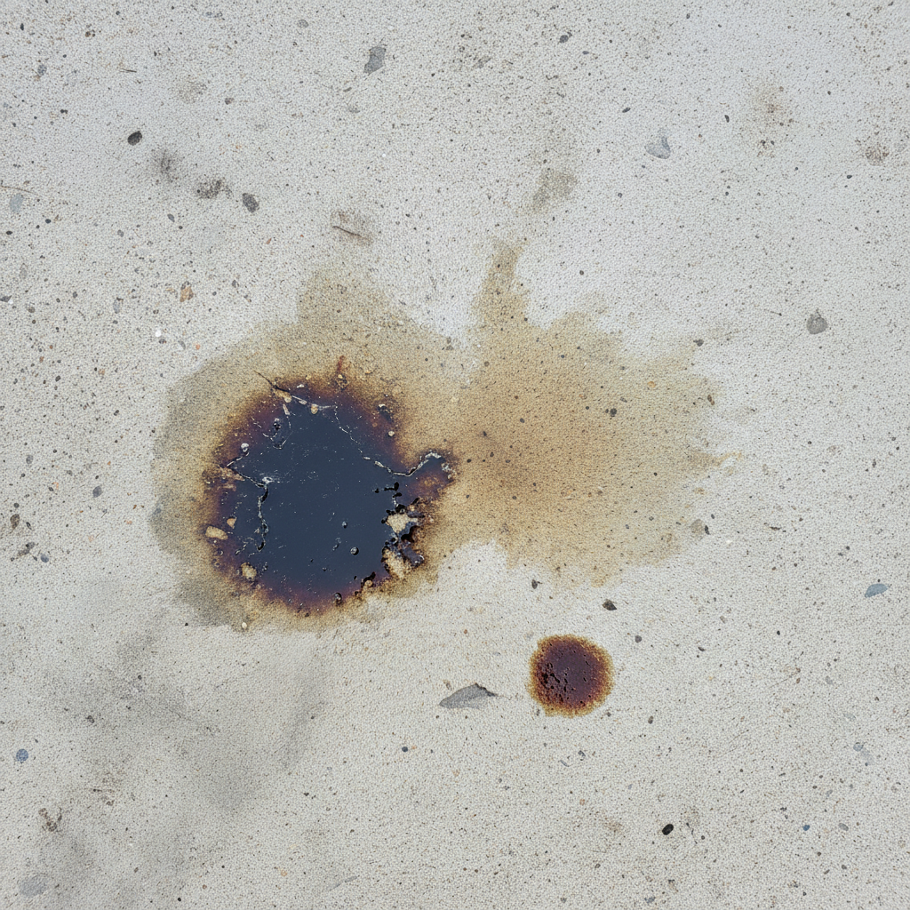 A professional, high-angle photograph looking down at a section of a textured, light gray concrete driveway or garage floor. The surface is noticeably marred by several distinct and varied oil stains. One prominent stain is a dark, glossy, almost black motor oil spill, partially dried and deeply absorbed. Another is a lighter, yellowish-brown grease or cooking oil stain, perhaps appearing more diffuse. A third, smaller, reddish-brown stain could represent hydraulic fluid. The concrete itself shows subtle texture and light wear, emphasizing its vulnerability and the unsightly contrast created by these common spills under natural lighting conditions.