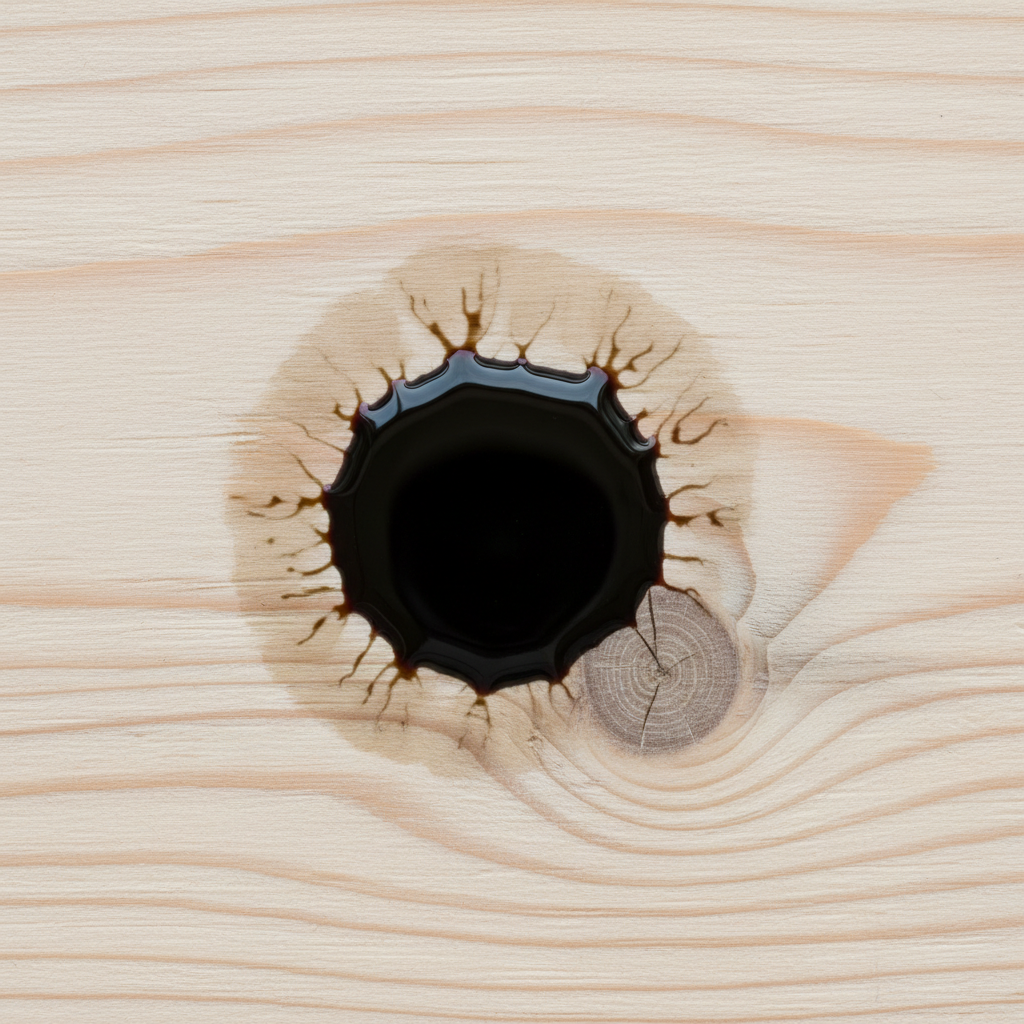 A close-up, top-down professional photo illustrating an oil spill on a light-colored wooden surface. A dark, viscous oil droplet has just landed and is starting to spread. Subtle visual cues, like slightly darker rings or a fine, transparent haze, indicate the oil beginning to seep into the visible wood grain and pores. The wood is a natural, untreated tone, showcasing its texture. The lighting is soft and natural, emphasizing the immediate impact of the liquid on the porous material. The scene is clean and crisp, focusing solely on the interaction of oil and wood.