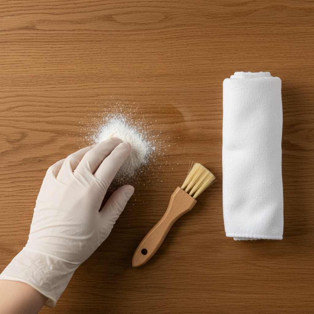 A bright, professional photo showcasing the process of removing an oil stain from a wooden surface. A gloved hand is gently sprinkling a fine, white powdery substance (like cornstarch or talc, representing an absorbent) directly onto a small, faint, round oil stain visible on a medium-toned wooden plank. A clean, soft white cloth or a small, natural bristled brush is visible nearby, ready for the next step. The lighting is even and clear, highlighting the contrast between the cleaning agent, the stain, and the clean wood around it, implying an effective remedy.