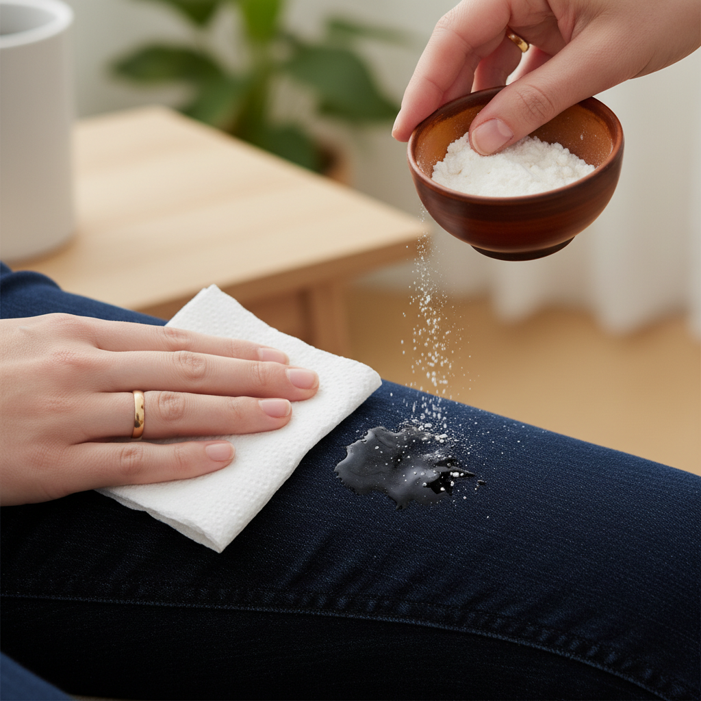 A professional photo, close-up, and slightly elevated view focusing on a person's hands carefully attending to a small, fresh oil stain on a dark fabric pant leg. One hand gently dabs the glossy oil stain with a clean, white paper towel, while the other hand is poised to sprinkle a fine, white absorbent powder, like cornstarch, from a small ceramic bowl onto the stain. The fabric texture is clearly visible, and the background is softly blurred to suggest a clean home environment, emphasizing the immediate action.