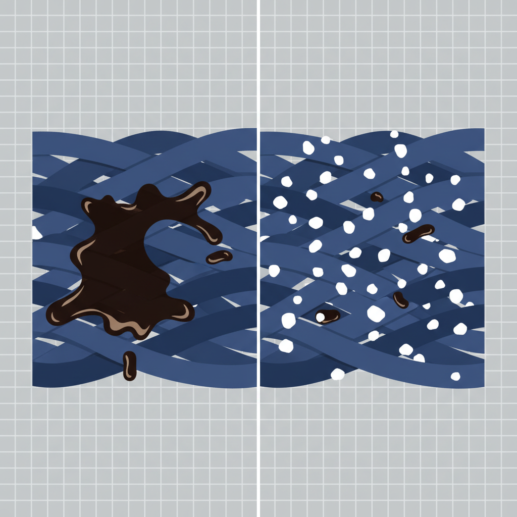 A modern flat illustration with an abstract, infographic-like quality, depicting the interaction of oil with fabric fibers and absorbent powder. On one side, a magnified cross-section of dark blue fabric threads shows a deep, dark oil stain clinging tightly to the individual fibers. On the other side, an identical fabric cross-section illustrates small, white, granular particles (representing absorbent powder) actively surrounding and lifting the oil particles, pulling them away from the fibers, creating a visual separation and removal effect. Clean lines and a calm color palette.