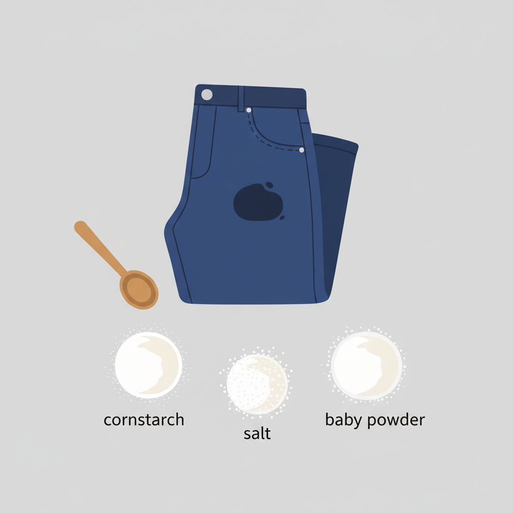 A stylized, clean flat illustration depicting a neatly folded pair of dark blue denim jeans with a prominent, round oil stain visible on the thigh area. Arranged aesthetically around the jeans are small, distinct piles of various white powdery substances: one pile of fine white cornstarch, another of slightly coarser kitchen salt, and a third of soft, fluffy baby powder. A small, clean, wooden spoon or a soft brush could be positioned near one of the powder piles, subtly indicating application. The overall scene should convey a sense of solution and order against the challenge of the stain. Minimalist, bright infographic style.