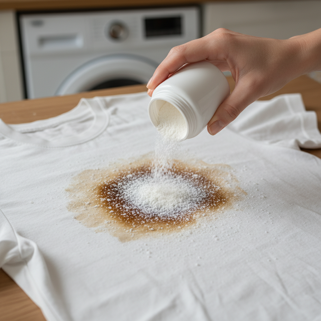 A close-up, top-down shot of a light-colored fabric item, like a white t-shirt or a denim pant leg, with a prominent, fresh oil stain. A clean, neutral-toned hand is gently sprinkling a fine white powder (suggesting cornstarch or baby powder) directly onto the oil stain, completely covering it. The background is softly blurred, hinting at a laundry room or kitchen counter. The overall style is a bright, professional studio photo with natural lighting, emphasizing the texture of the fabric and the powdery substance.