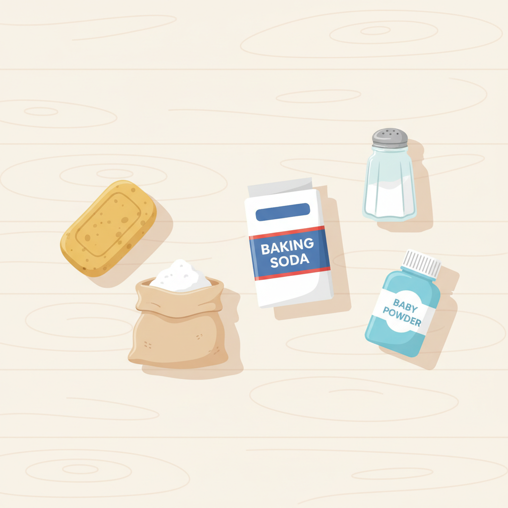 A vibrant flat illustration depicting a collection of common household items effective for oil stain removal, artfully arranged on a clean, light surface. The scene includes a bar of traditional gall soap, a small open bag or bowl of cornstarch, a container of baking soda, a salt shaker, and perhaps a small bottle of baby powder. Each item is distinctly rendered, with soft shadows and a warm, inviting color palette, suggesting practicality and accessibility. No hands or people are visible, focusing solely on the remedies themselves.