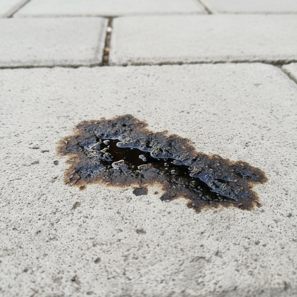 A professional, high-resolution close-up photograph of a dark, viscous oil stain deeply embedded in the porous surface of a light-grey paving stone. The stain spreads irregularly, showing varying degrees of saturation within the stone's texture. The background is softly blurred, showing other pristine paving stones, emphasizing the isolated imperfection. The lighting highlights the glossy, stubborn nature of the oil against the matte stone, conveying the challenge of removal.