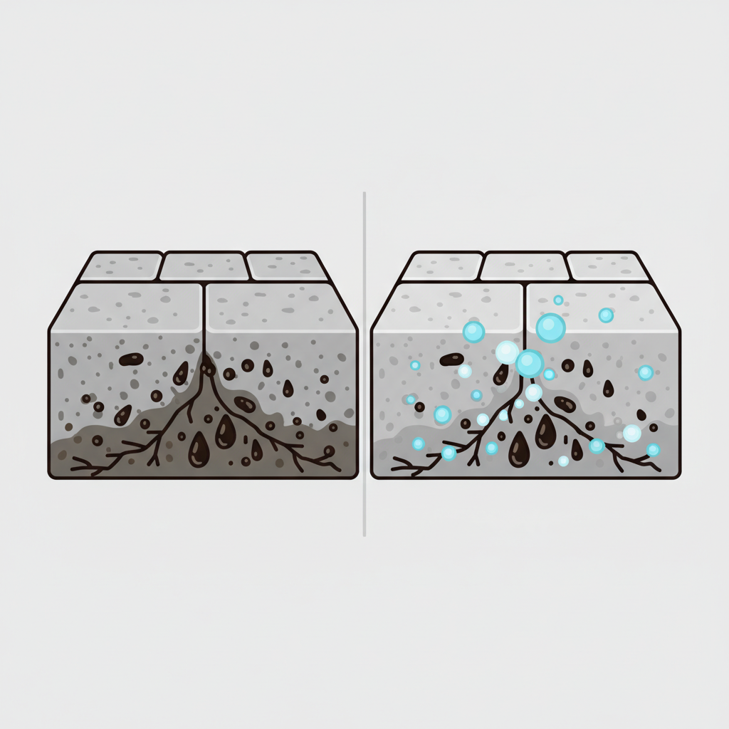 A clean, modern flat illustration in an infographic style, showing a cross-section view of two adjacent paving stone segments. The left segment depicts a 'before' state, with dark, irregular oil droplets visibly seeping deep into the stone's porous structure. The right segment shows an 'after' state, where the oil droplets are significantly reduced, and abstract, lighter-colored cleaning particles or bubbles are shown actively lifting or dissolving residual oil from the stone's pores, leaving the stone appearing clean and free of stains. A subtle vertical line visually divides the two states.