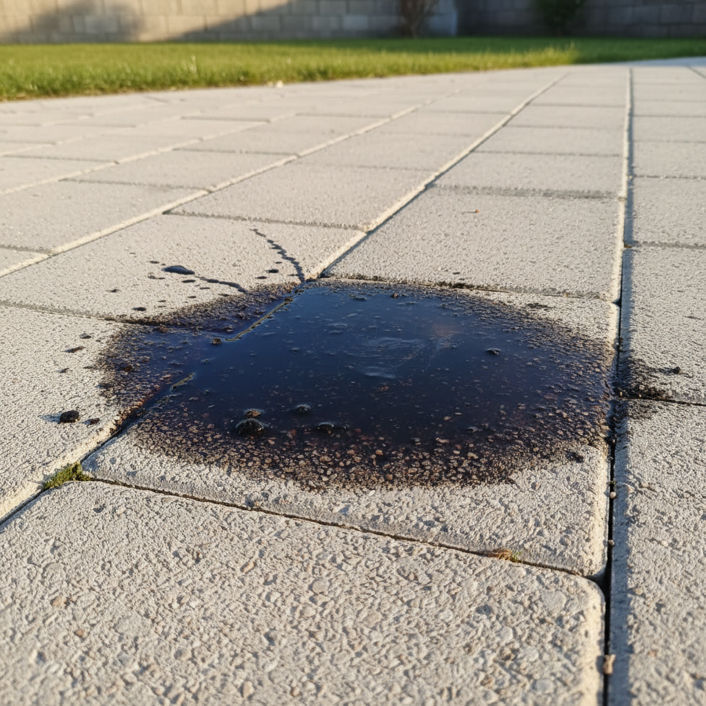 A professional, eye-level photo focusing on a prominent, dark, recent oil stain on light-colored concrete paving stones. The stain should be clearly visible and contrast sharply with the clean areas of the stones, emphasizing the aesthetic problem. Subtle textures of the porous stone and the viscous nature of the oil should be visible. The scene is outdoors, perhaps suggesting a driveway or patio corner under natural light. The focus should be entirely on the stained pavers, making the oil stand out as the central issue.