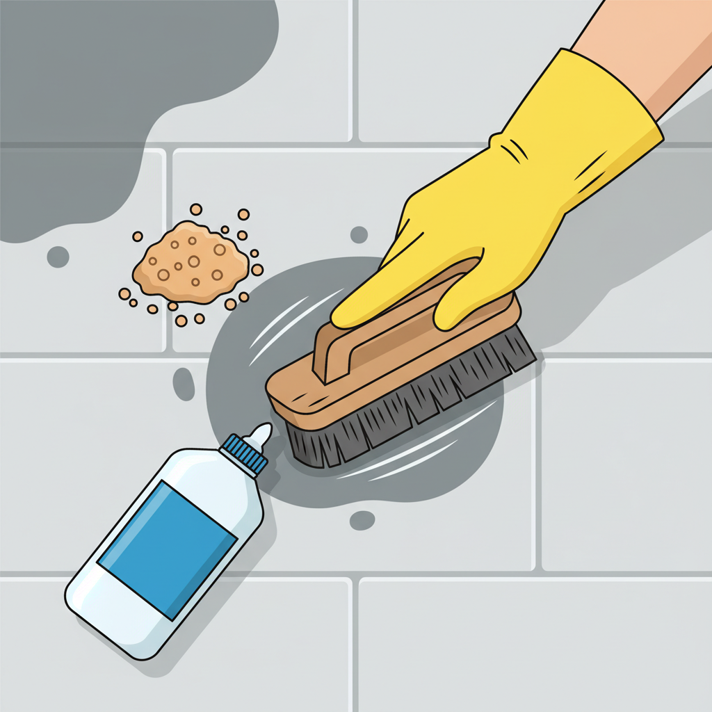 A vibrant, top-down, flat illustration depicting the process of cleaning an oil stain from paving stones. A gloved hand holds a stiff-bristled scrub brush, actively scrubbing a dark oil stain on one paver. Nearby, a generic bottle of cleaning solution is shown, along with a small pile of absorbent material (like cat litter or sawdust) on another part of the stain. The surrounding light grey paving stones are clean, creating a clear visual of a 'before and after' effect in different areas. The overall style should be clean and informative.