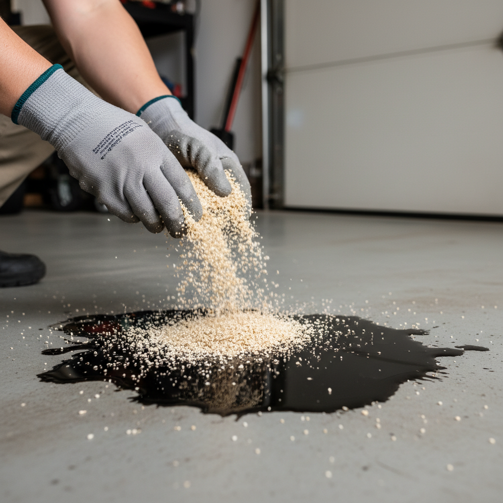 A close-up, dynamic shot of a person's hands wearing work gloves, sprinkling a generous amount of absorbent material like cat litter or sawdust over a fresh, dark oil stain on a light grey concrete garage floor. The oil stain should appear wet and spreading, while the absorbent material begins to clump and soak up the liquid. The background is slightly blurred, hinting at a garage or driveway setting, but keeping the focus on the immediate action. The overall mood should convey efficiency and proactive stain treatment. Professional photo with a slight macro feel.