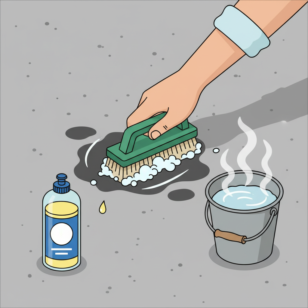 A vibrant, flat illustration depicting the process of cleaning an oil stain on concrete using common household items. On a textured grey concrete slab, a dark, distinct oil stain is prominently featured. Around it, essential cleaning tools are neatly arranged: a clear bottle of liquid dish soap, a stiff-bristled scrub brush with a comfortable handle, and a bucket filled with hot, steaming water. A generic hand, clearly shown, actively scrubs the stained area with the brush. The style is clean, modern, and infographic-like, emphasizing clarity and ease of understanding for a DIY guide.